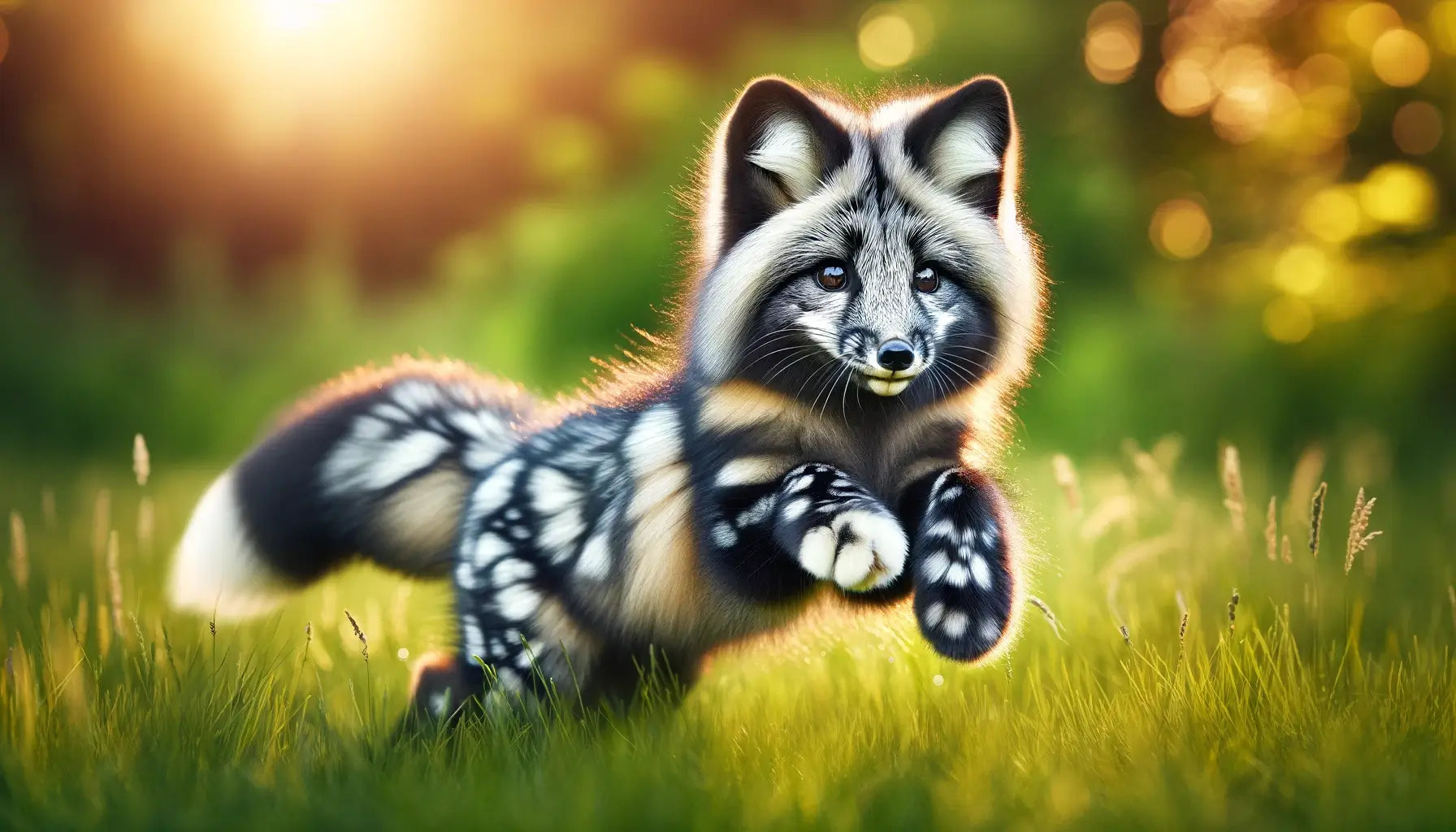 A Canadian Marble Fox in a grassy area, its coat displaying dramatic contrast between dark and light fur, with a particularly noticeable marble pattern.