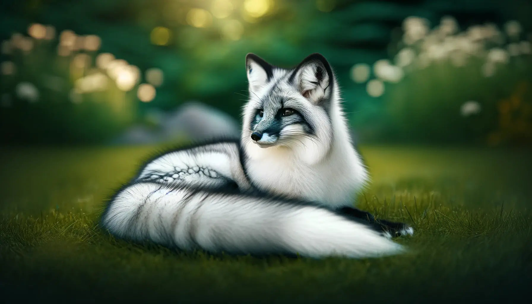 A Canadian Marble Fox lying on grass, its coat predominantly white with striking black markings that run down its back and tail.