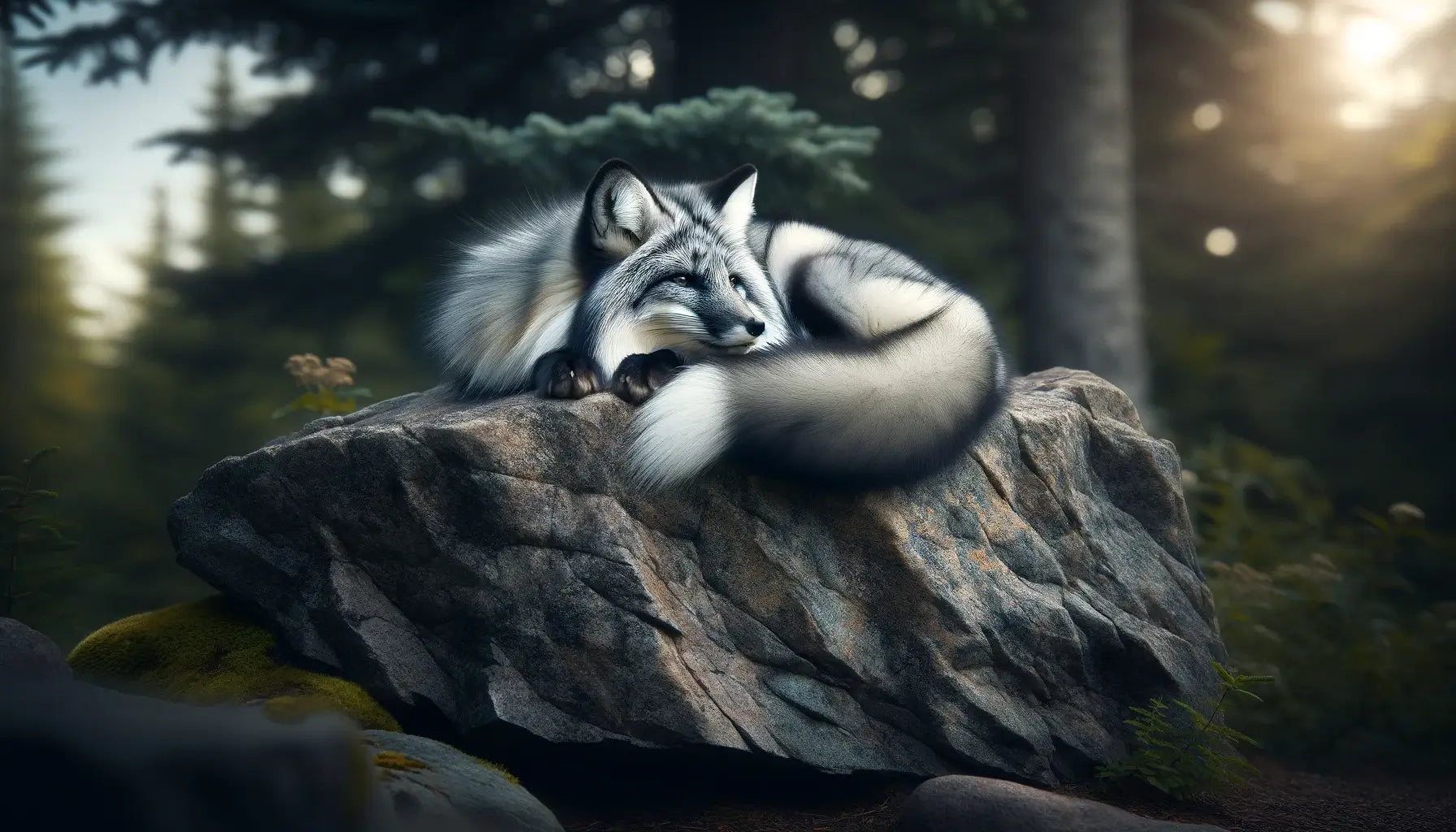 A Canadian Marble Fox relaxing on a large rock, showcasing its luxurious coat with a blend of grey and white fur, reflecting its marble-like appearance.
