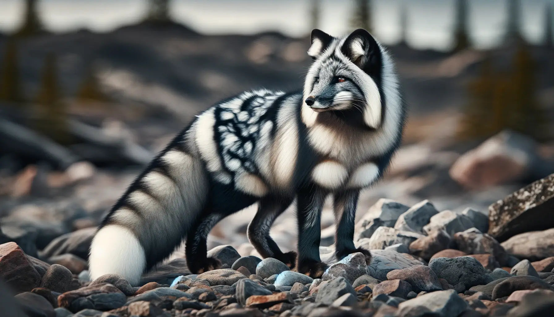 A Canadian Marble Fox standing on rocky ground, showcasing its typical marble pattern with a beautiful blend of grey, black, and white in its fur.