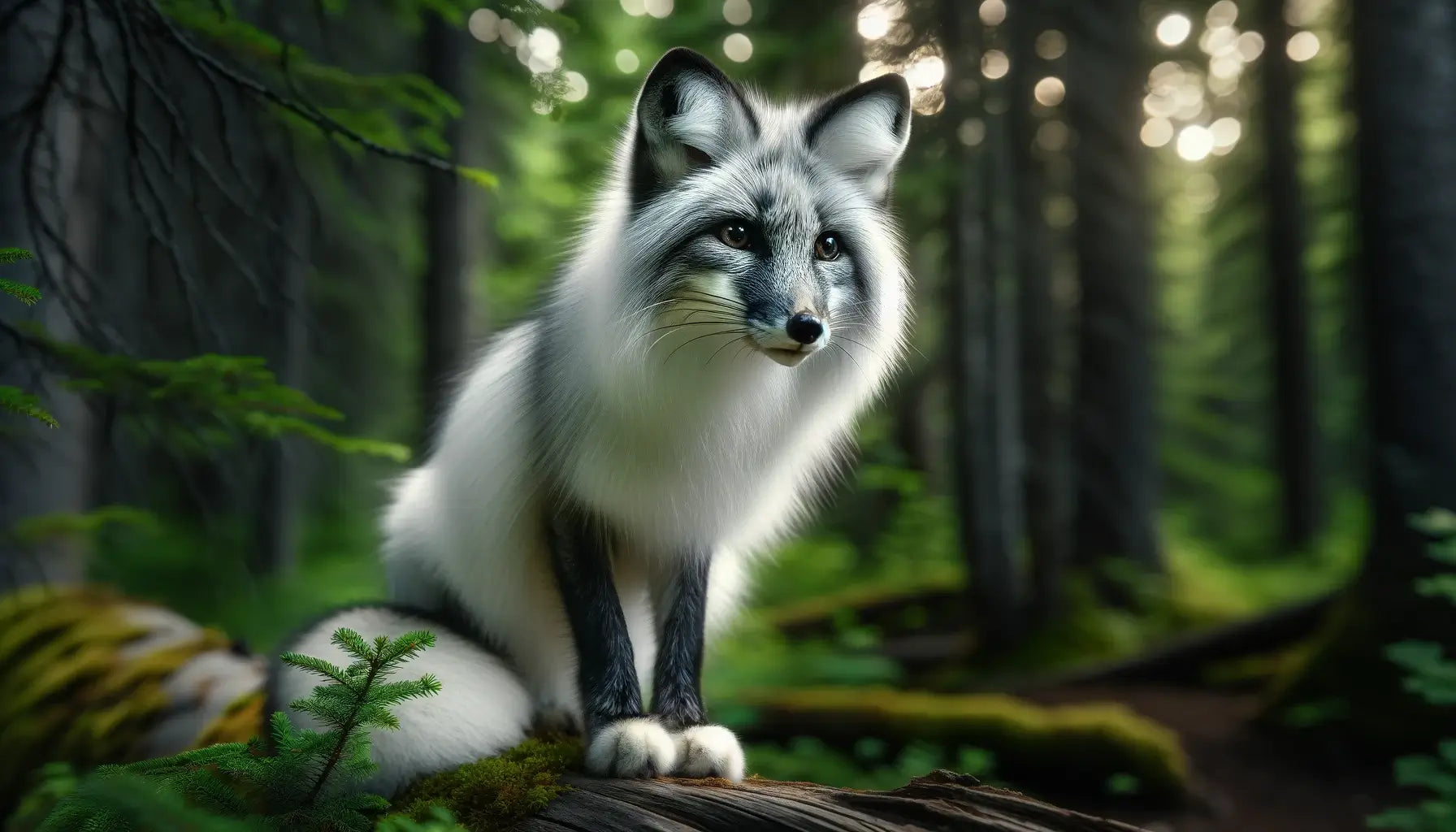 A Canadian Marble Fox with a predominantly white coat and subtle grey markings, attentively perched on a log in a lush forest setting.