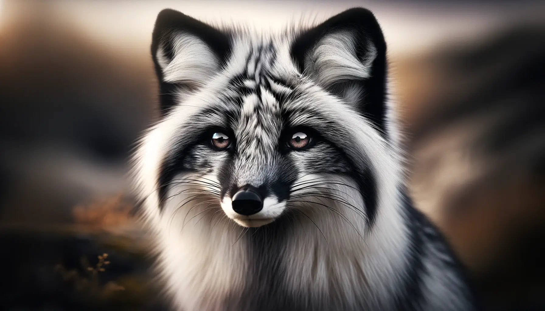 A Canadian Marble Fox with distinct facial patterns, especially the black markings around its eyes that stand out against the white fur.
