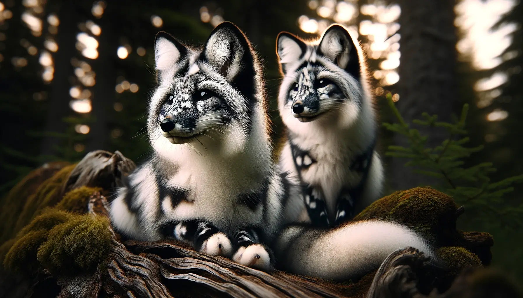 Canadian Marble Foxes in a natural setting, one in the foreground and the other slightly behind.