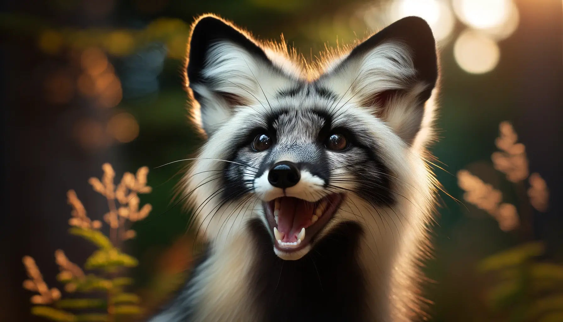 A Canadian marble fox caught in a candid moment, likely with its mouth open, showcasing the characteristic black markings that resemble a mask.