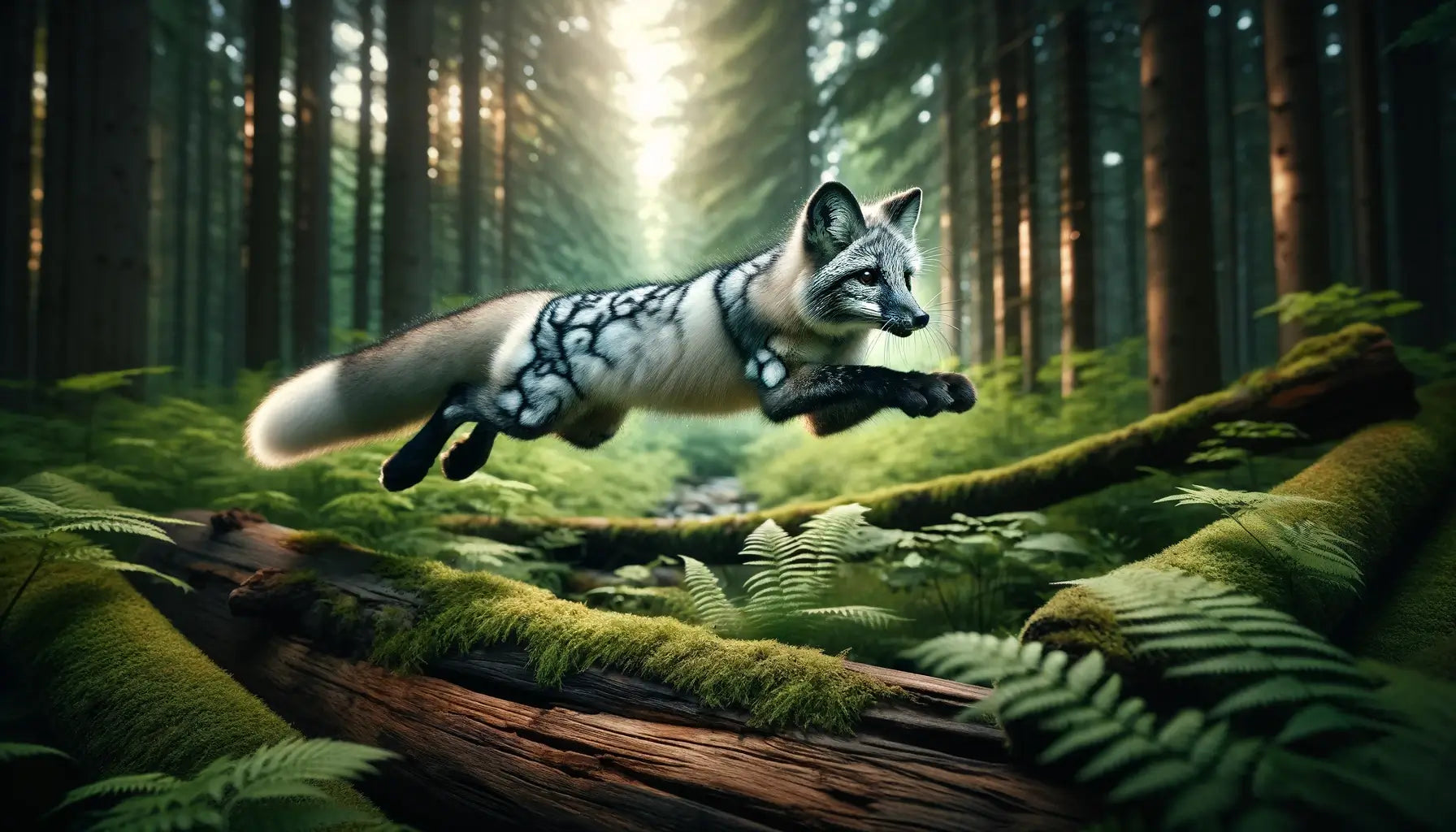 A Canadian marble fox leaping over a log in a lush green forest, showcasing its agility and strength.