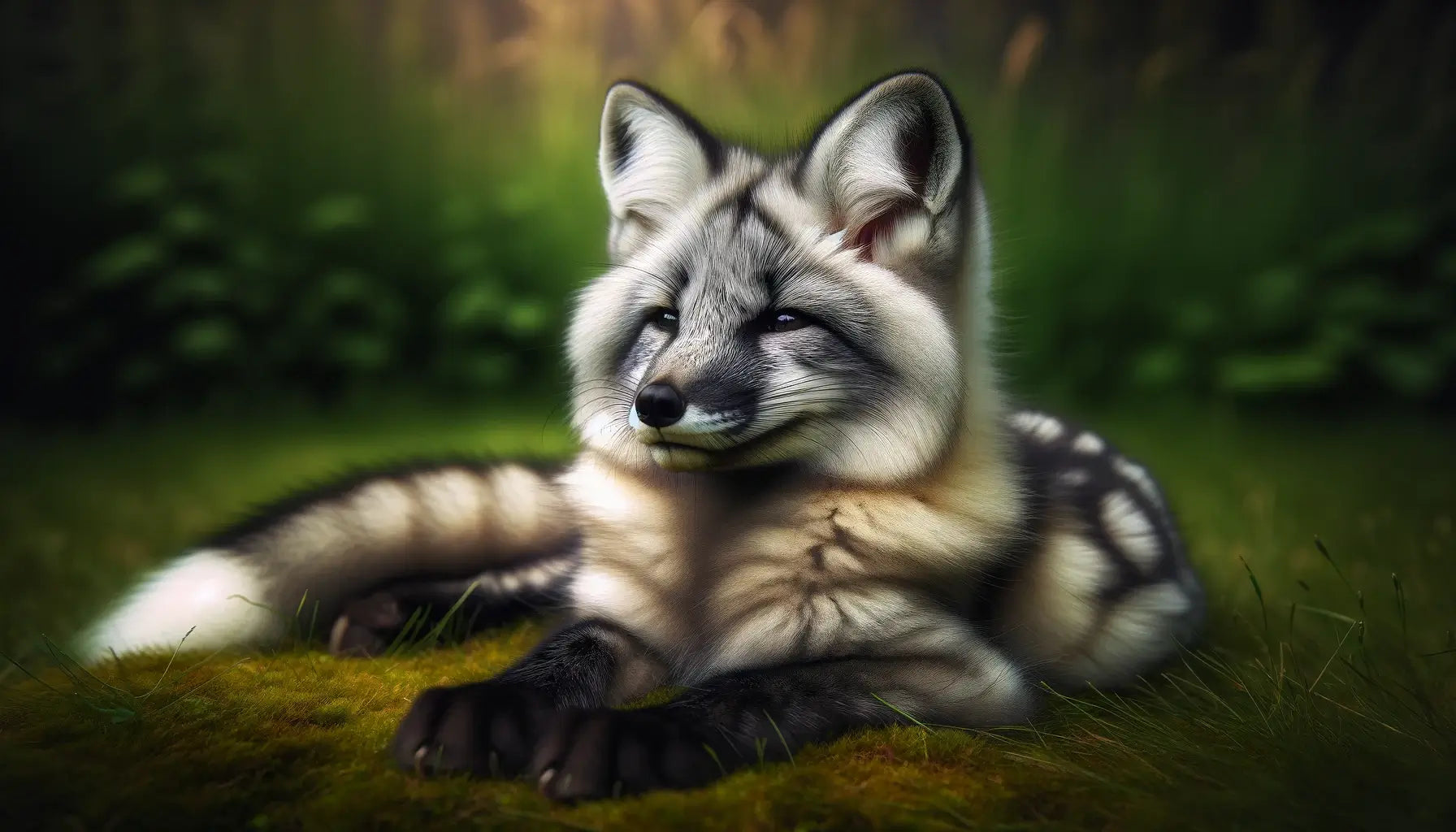 A Canadian marble fox relaxing on grass, showcasing its relaxed posture and the finer details in its coat's patterning, including the nuanced shading.