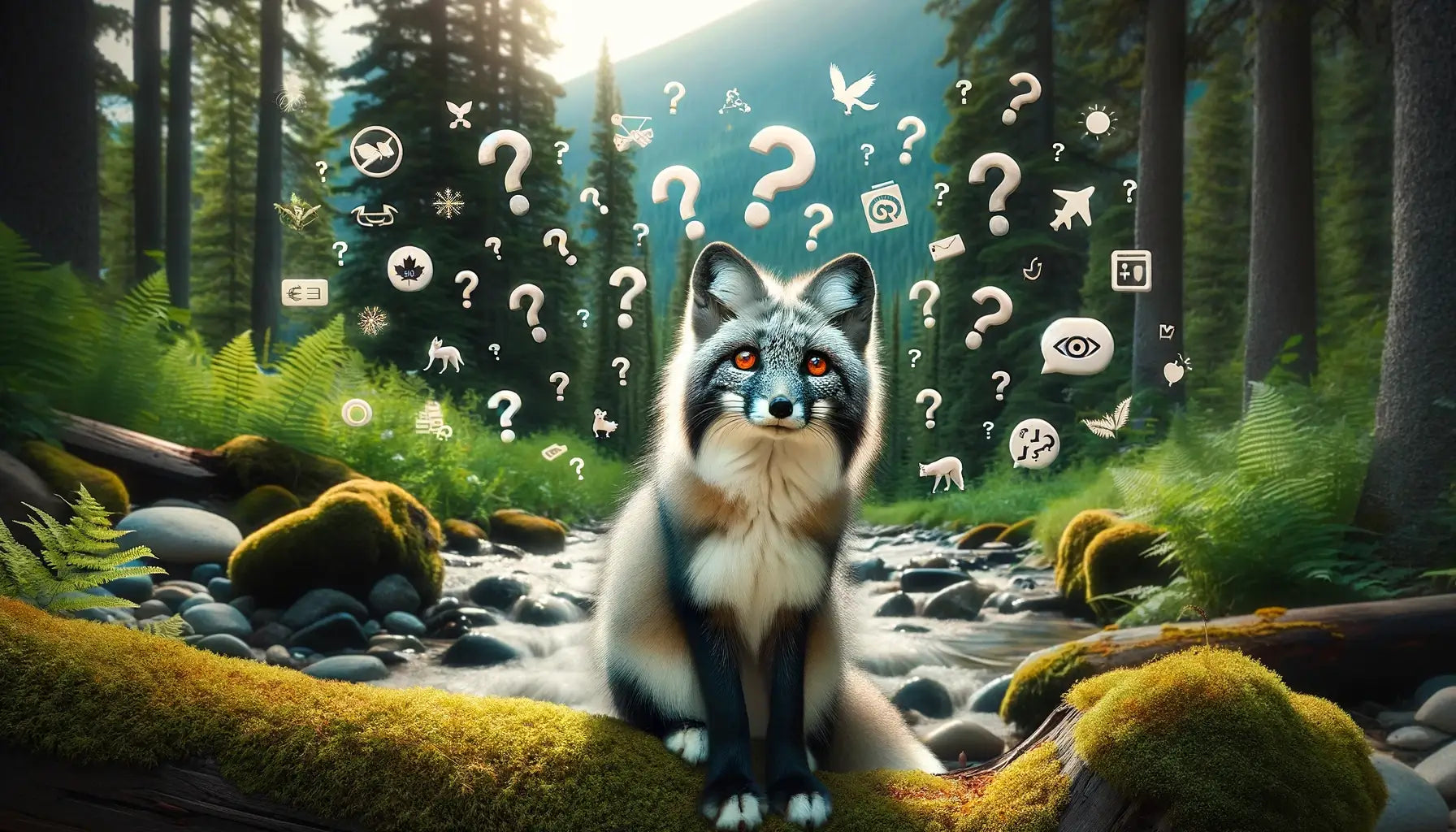 A Canadian marble fox surrounded by symbolic question marks and icons representing common inquiries about the species, set in its natural environment.