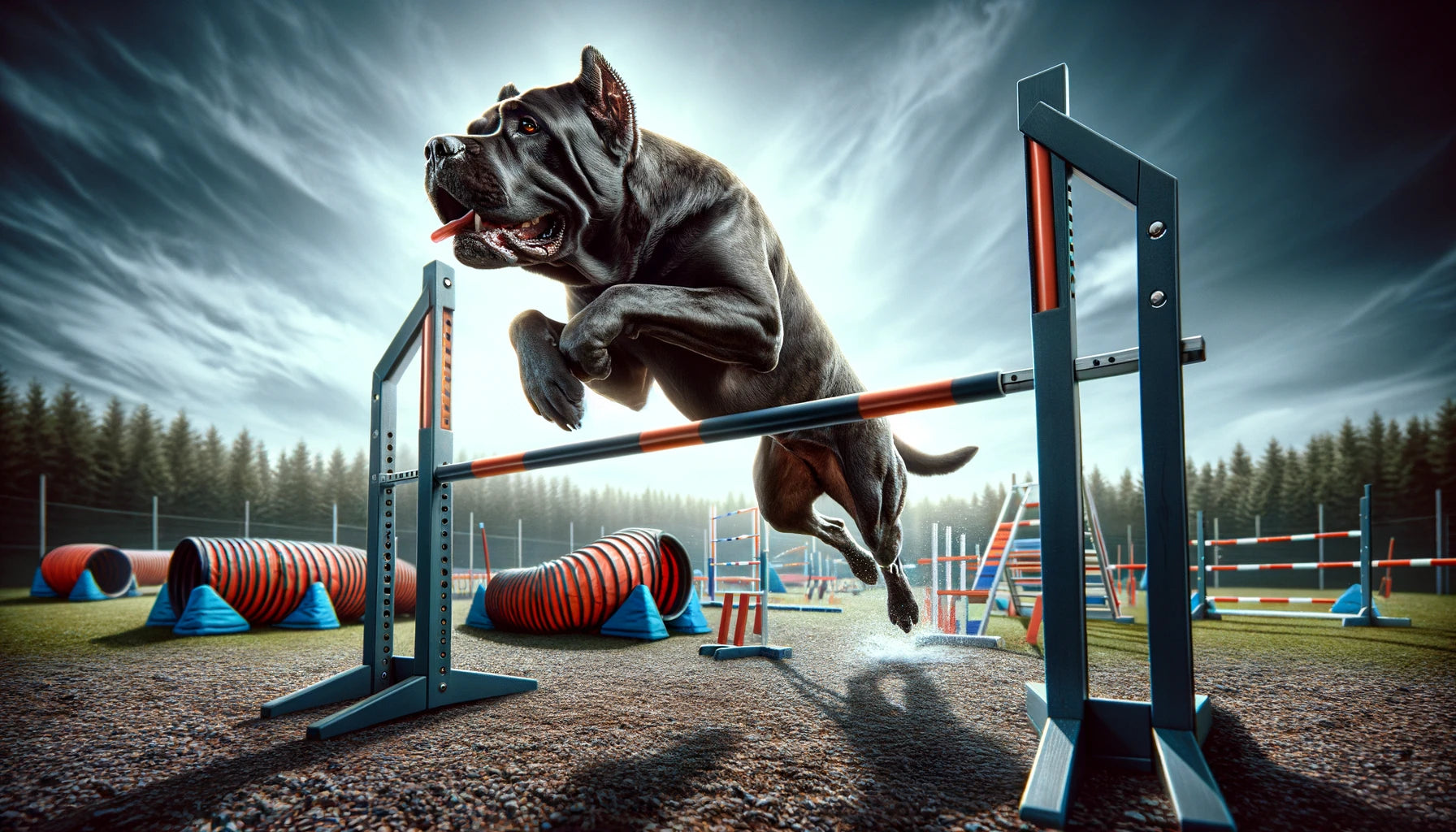 Cane Corso engaging in agility training, navigating through an obstacle course that includes jump.