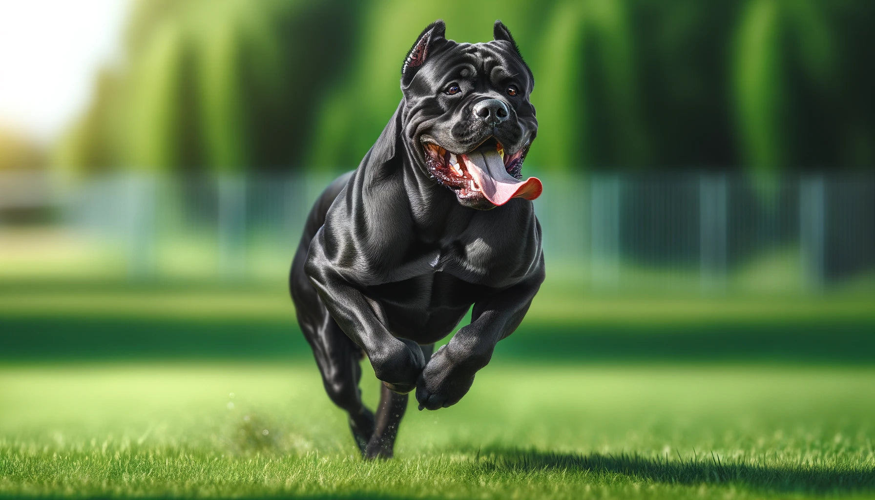 Cane Corso exercising on a grassy field captured mid-run.