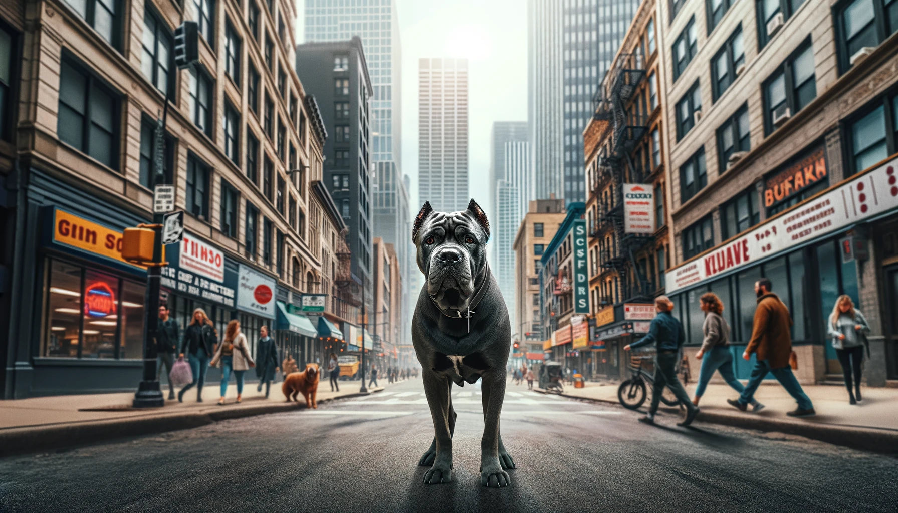 Cane Corso exploring an urban environment, confidently walking through city streets.