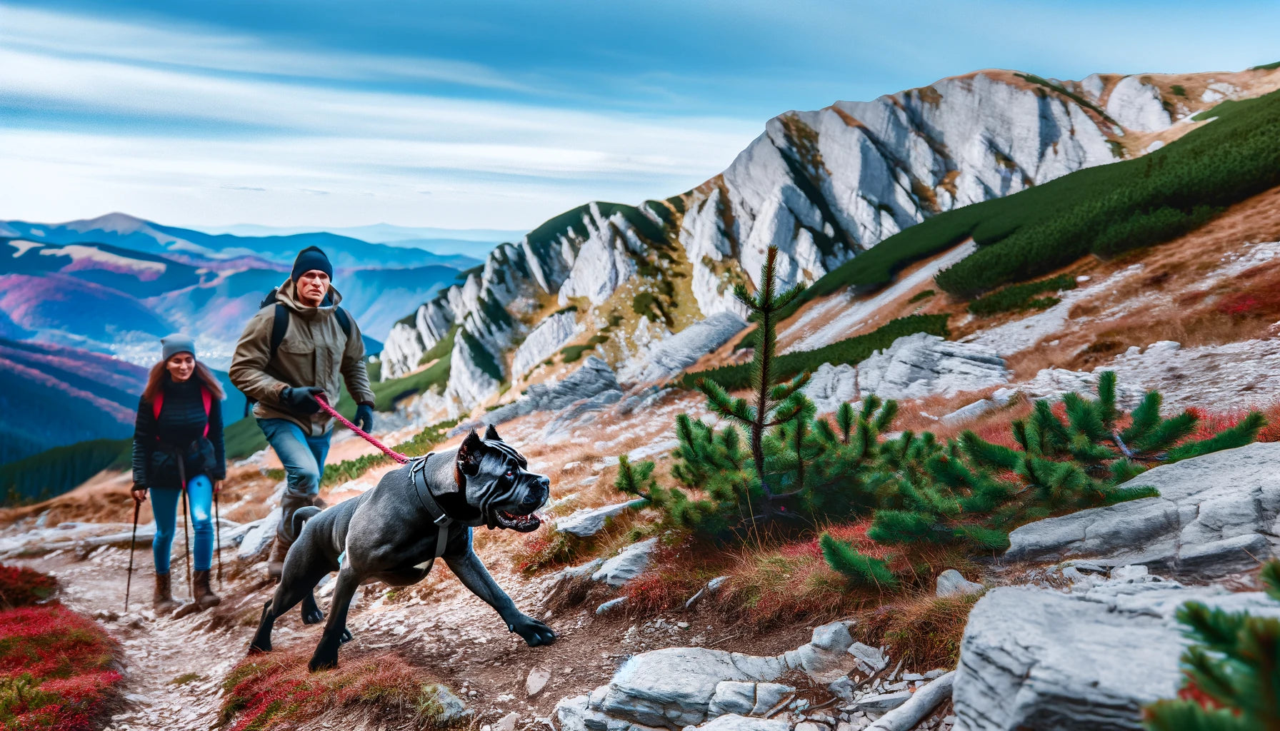 Cane Corso hiking with its owner on a scenic mountain trail.
