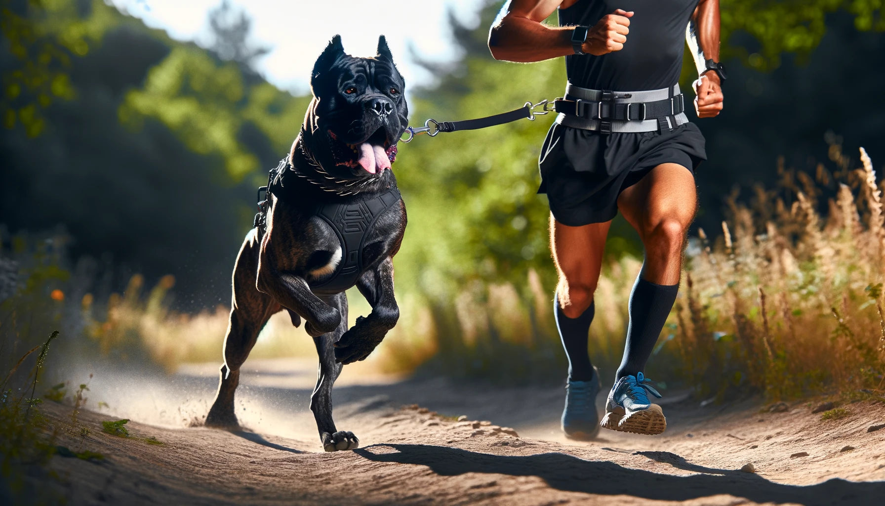 Cane Corso participating in Canicross, where the dog is harnessed and running alongside its owner.