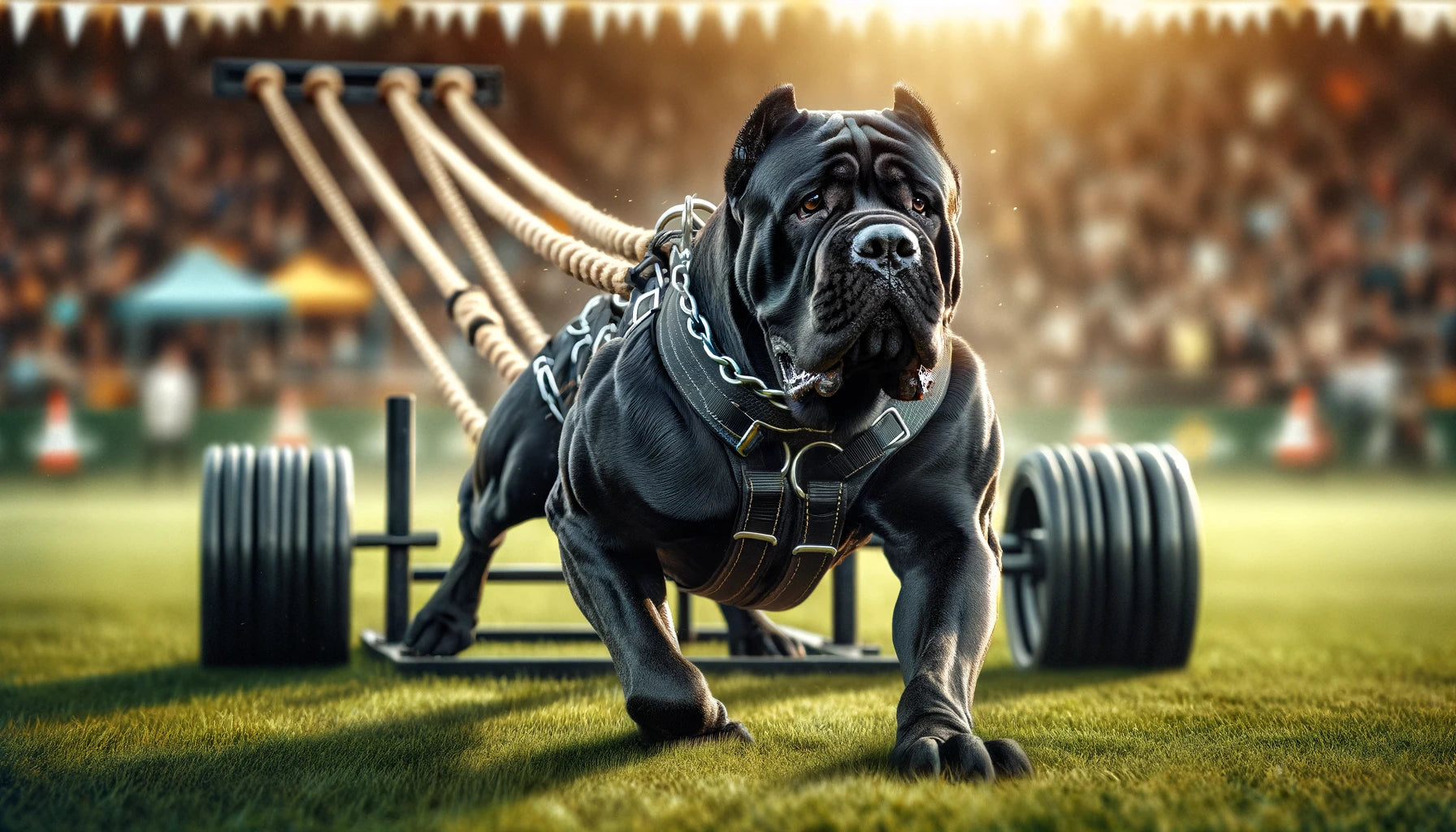 Cane Corso participating in a weight pulling event, harnessed to a weight sled.