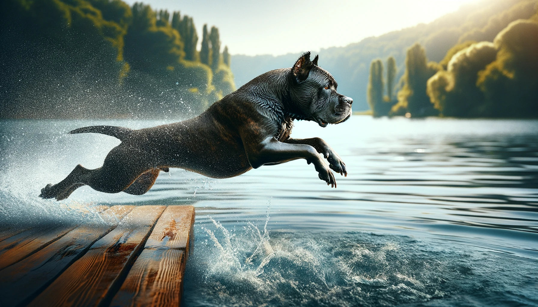 Cane Corso participating in water sports at a lake, showing the dog energetically diving in water.