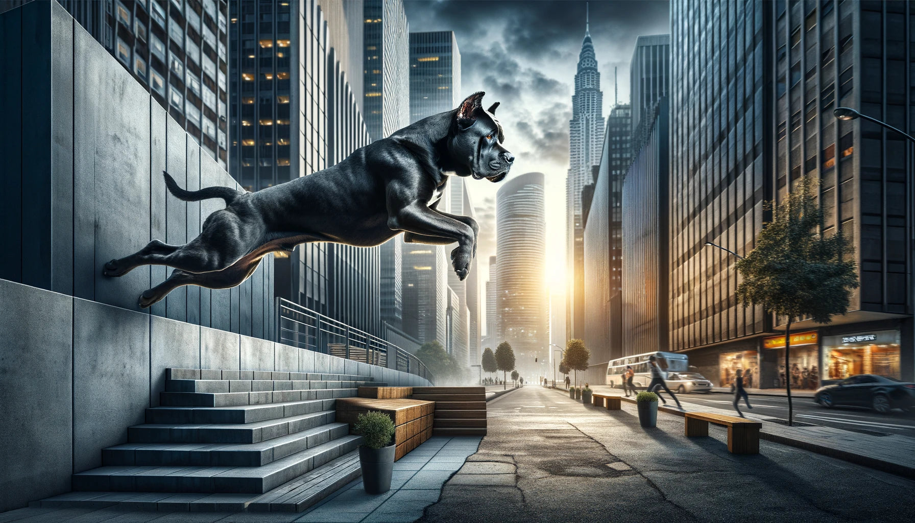 Cane Corso performing parkour or Dogour in an urban setting.