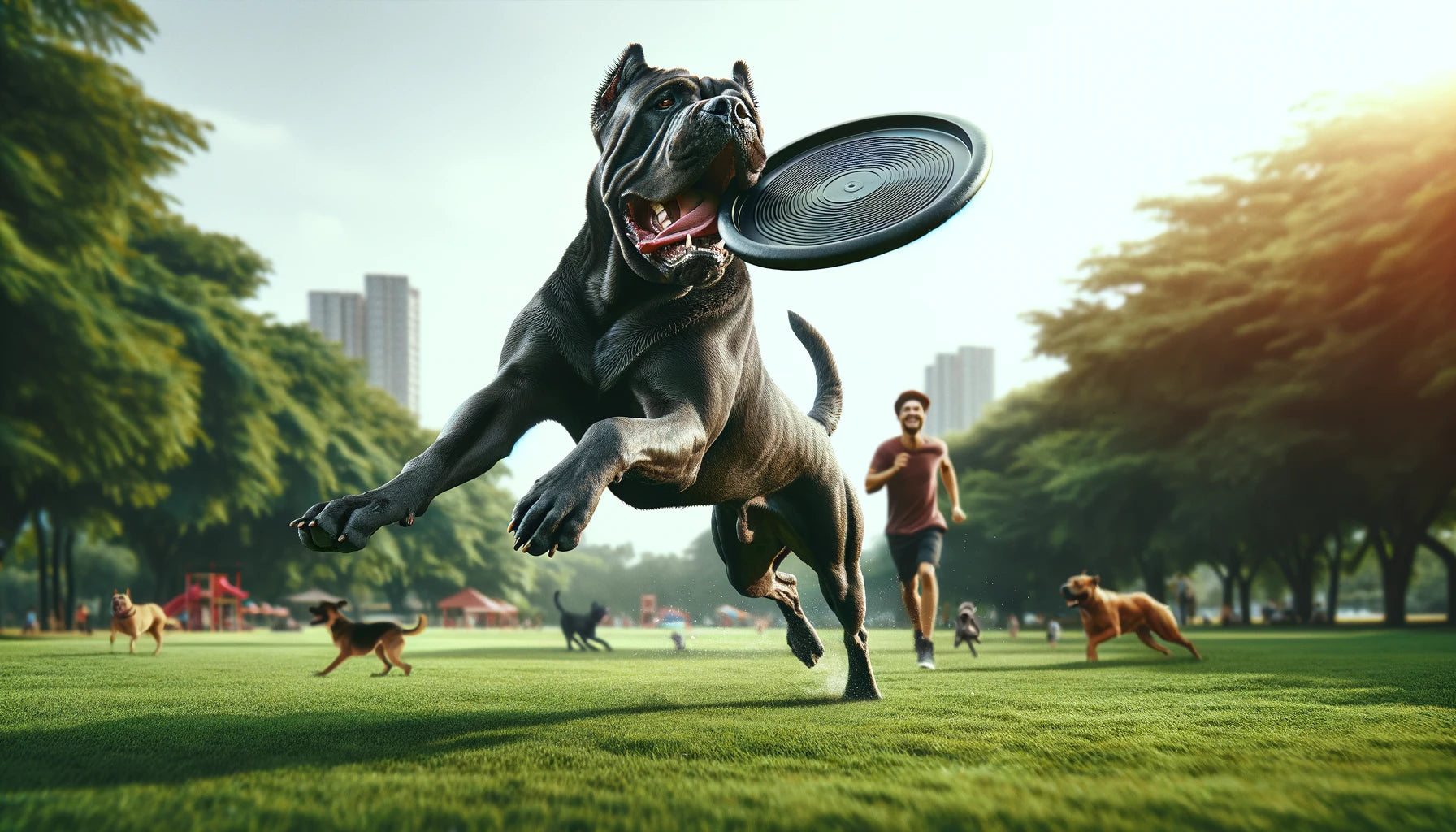 Cane Corso playing fetch with its owner in a park.