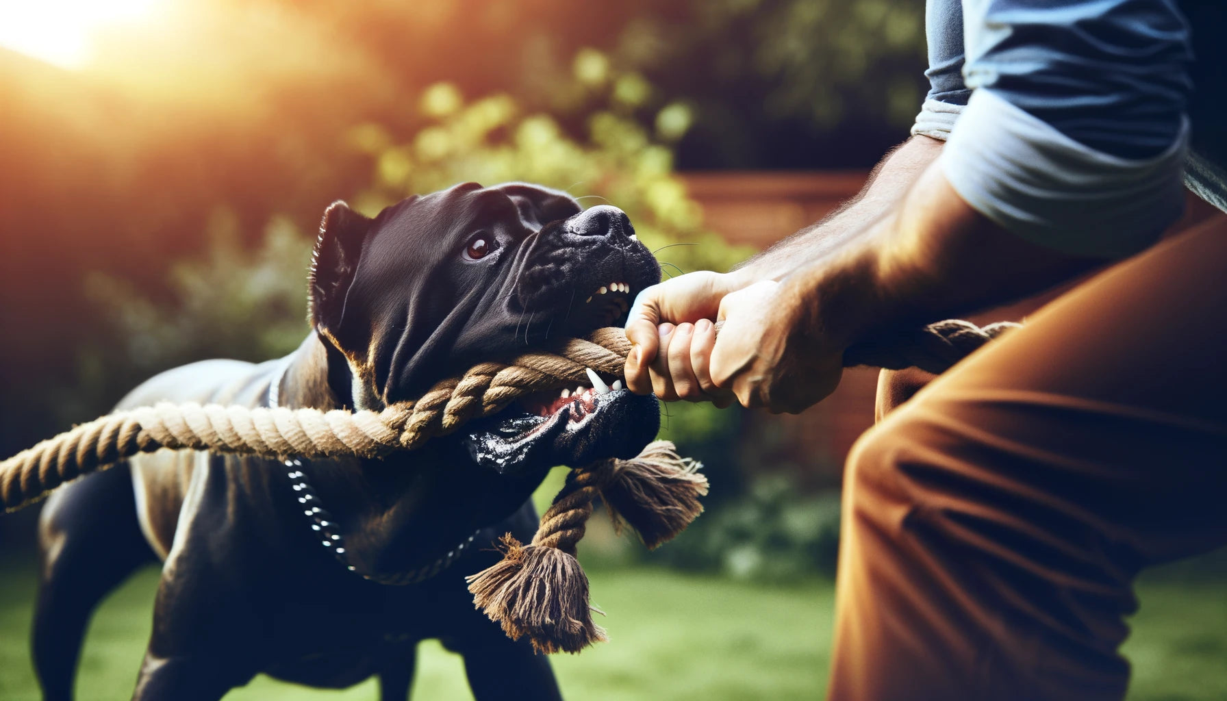 Cane Corso playing tug-of-war with its owner, gripping a sturdy rope.