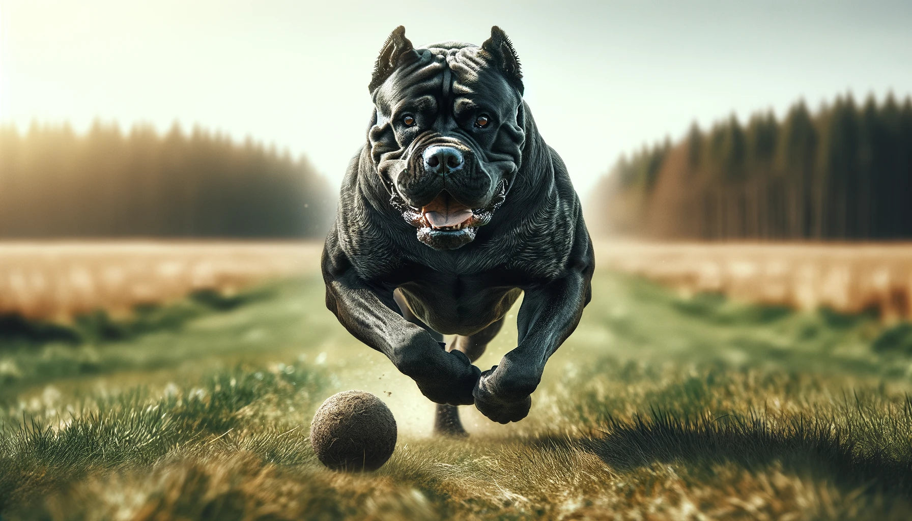 Cane Corso sprinting across a grassy field in pursuit of a ball.