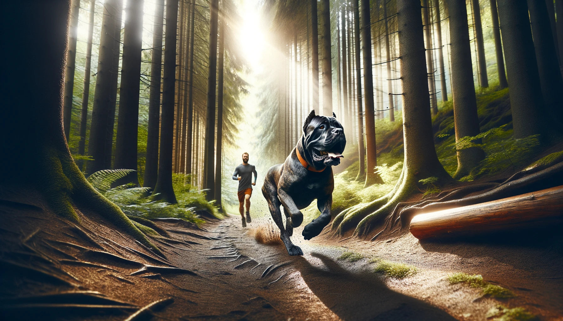 Cane Corso trail running with its owner through a forested path.