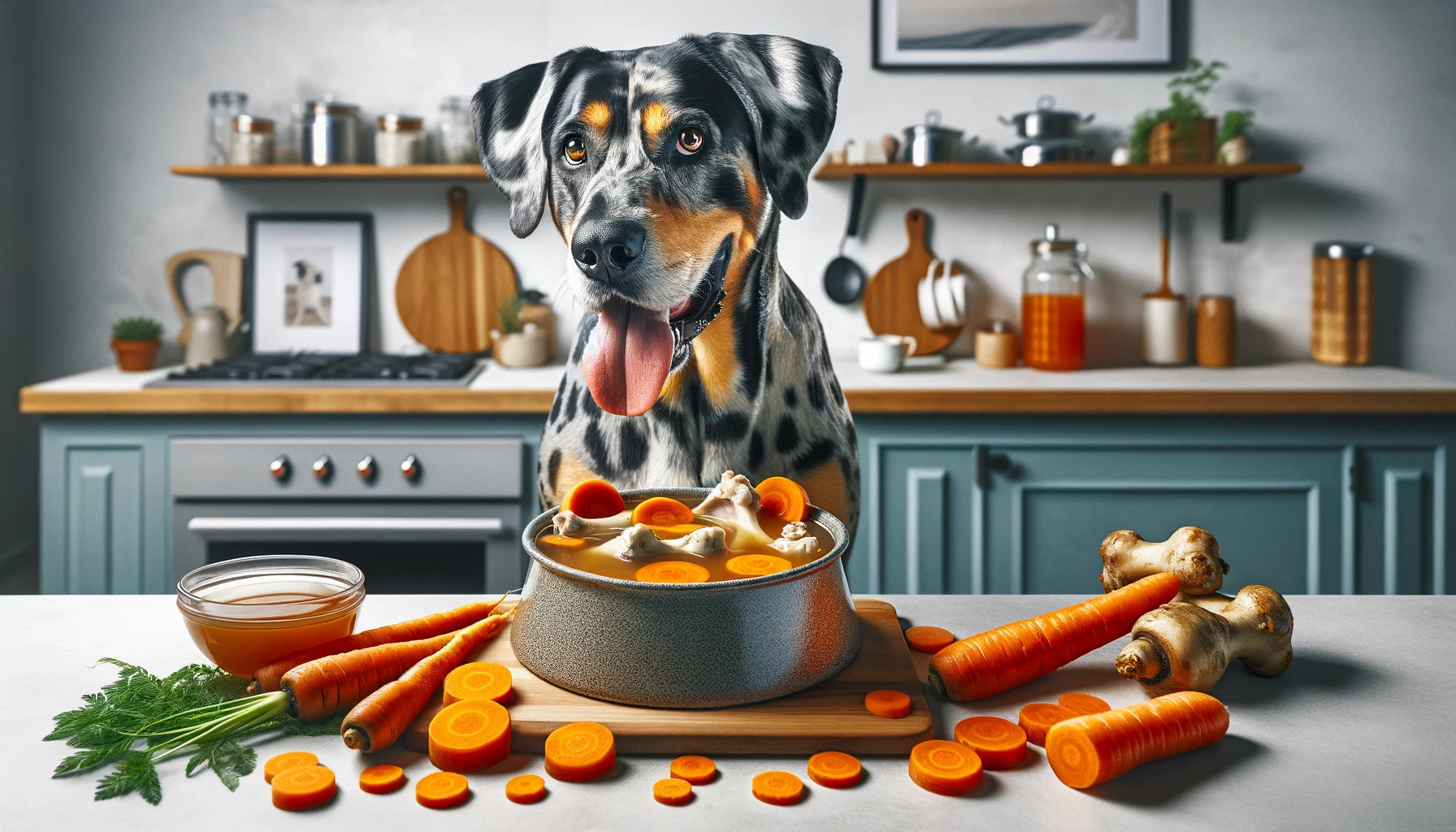 Carrot Beef Bone Broth in a dog's bowl with a Catahoula Leopard Dog sitting next to it.