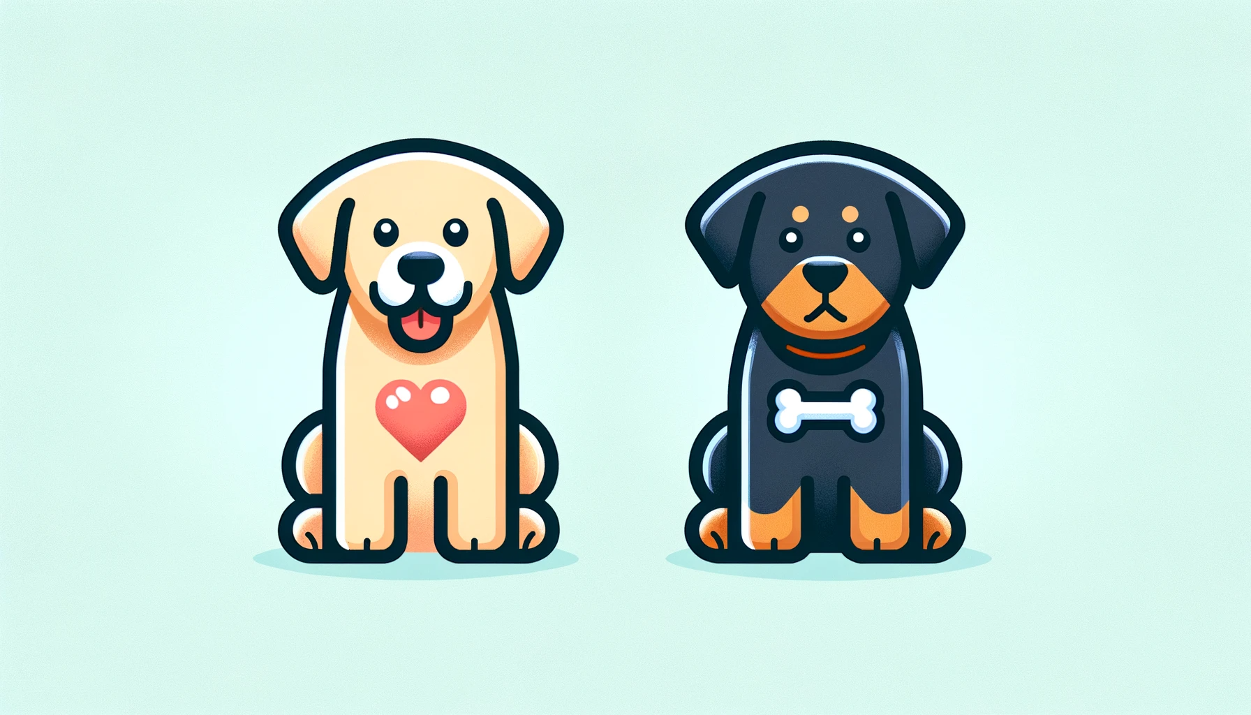 Cartoonish Labrador and Rottweiler icons with health symbols like hearts and bones, spotlighting the health issues common to each parent breed