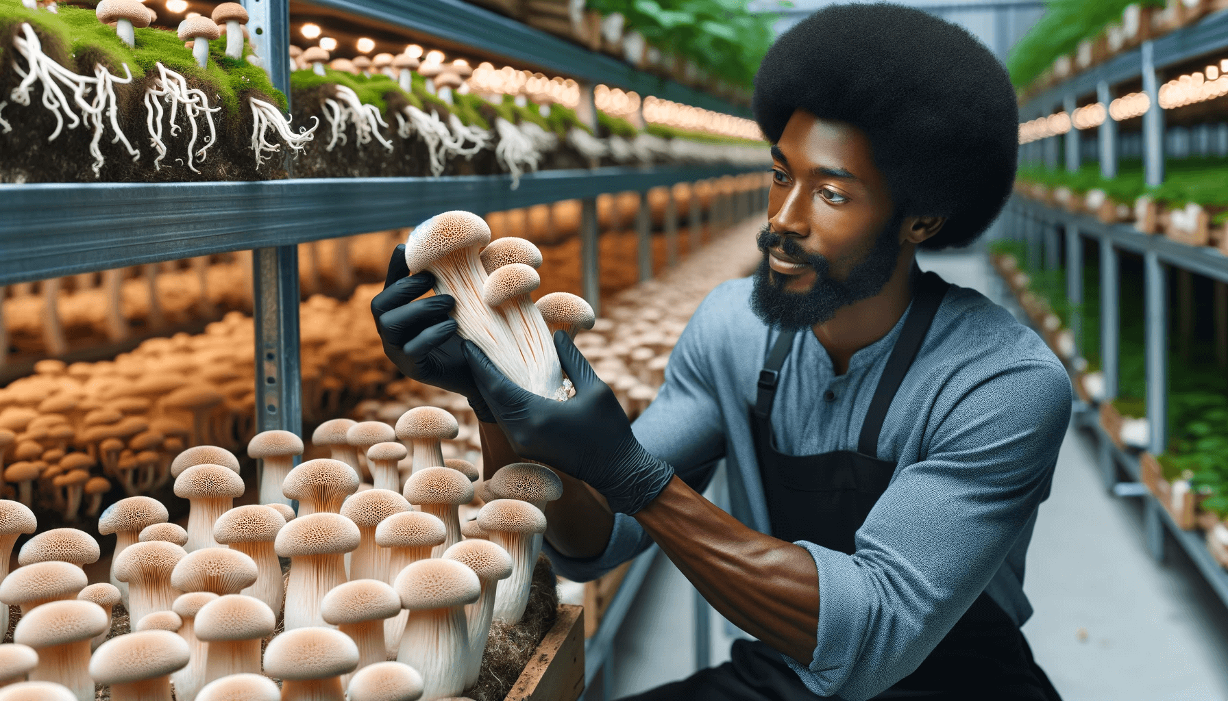 Certified organic Lion's Mane mushrooms being hand-selected by a trusted grower, ensuring the highest quality and purity for consumers seeking sustainable health products