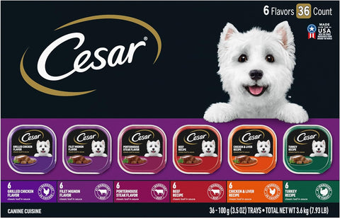 Cesar Classic Loaf in Sauce Beef Recipe, Filet Mignon, Grilled Chicken & Porterhouse Steak Flavors Variety Pack Grain-Free Small Breed Adult Wet Dog Food