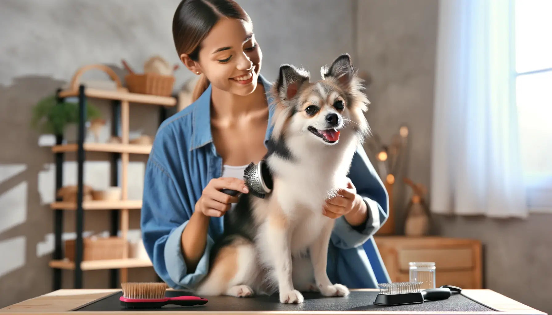 A Chihuahua Husky Mix enjoying a grooming session at home with its owner, emphasizing the bonding experience.