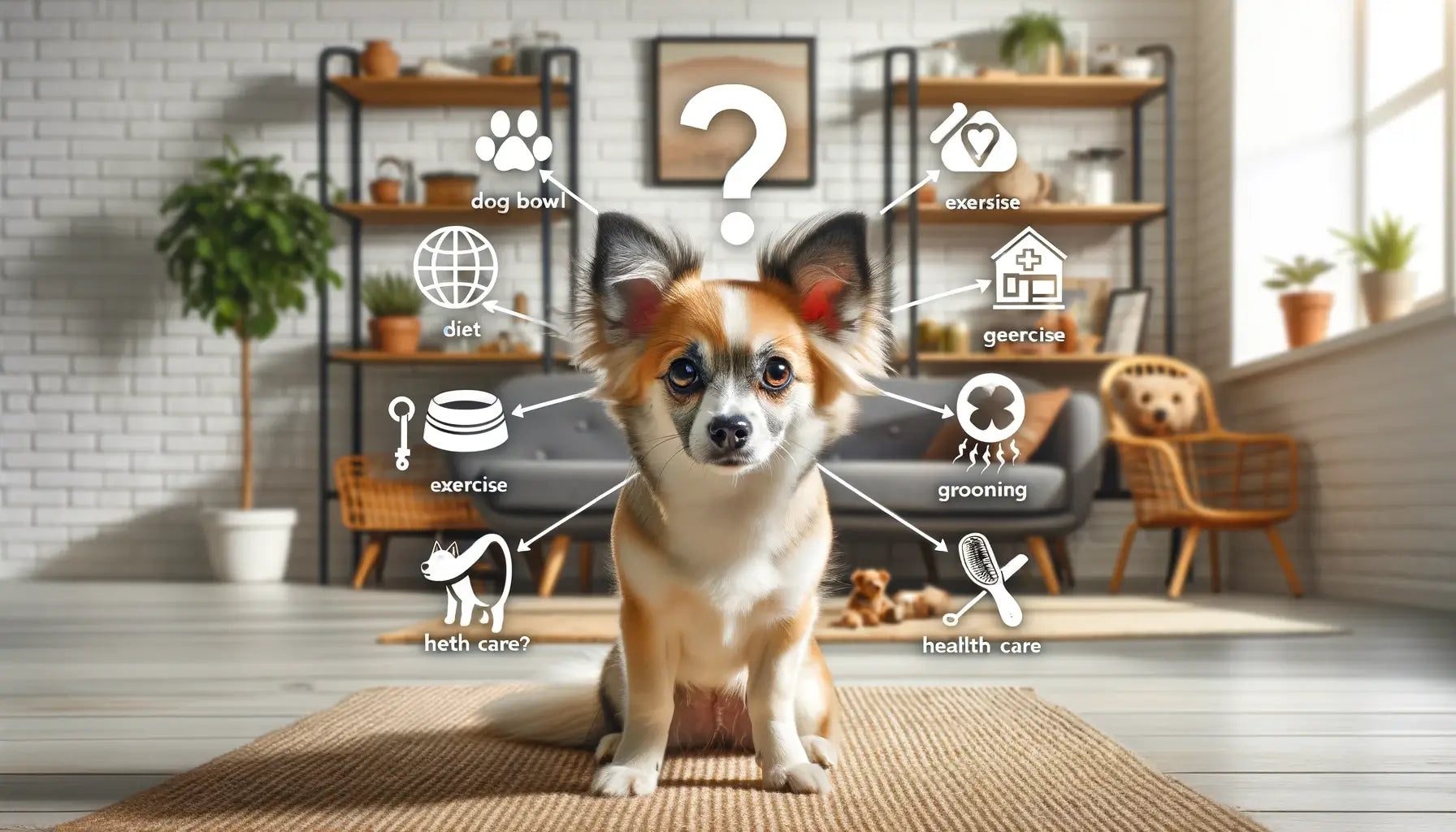 A Chihuahua Husky Mix in a home setting with a question mark above its head, surrounded by icons representing common inquiries about the breed.