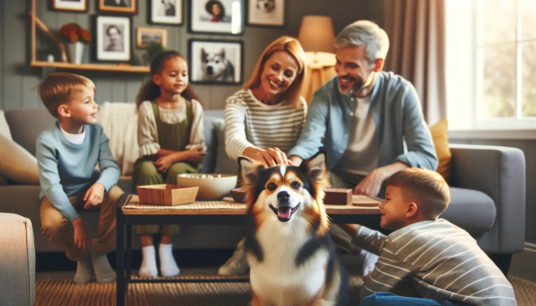 A Chihuahua Husky Mix interacting with both children and adults in a cozy home environment.