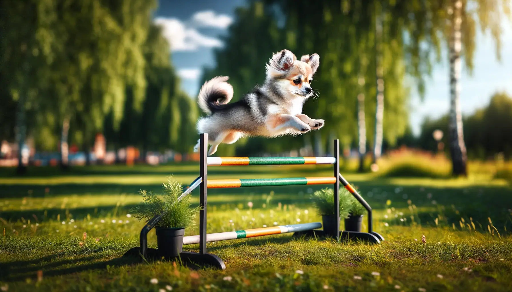 A Chihuahua Husky Mix leaping over a hurdle in a park setting, capturing the essence of agility and outdoor enjoyment.