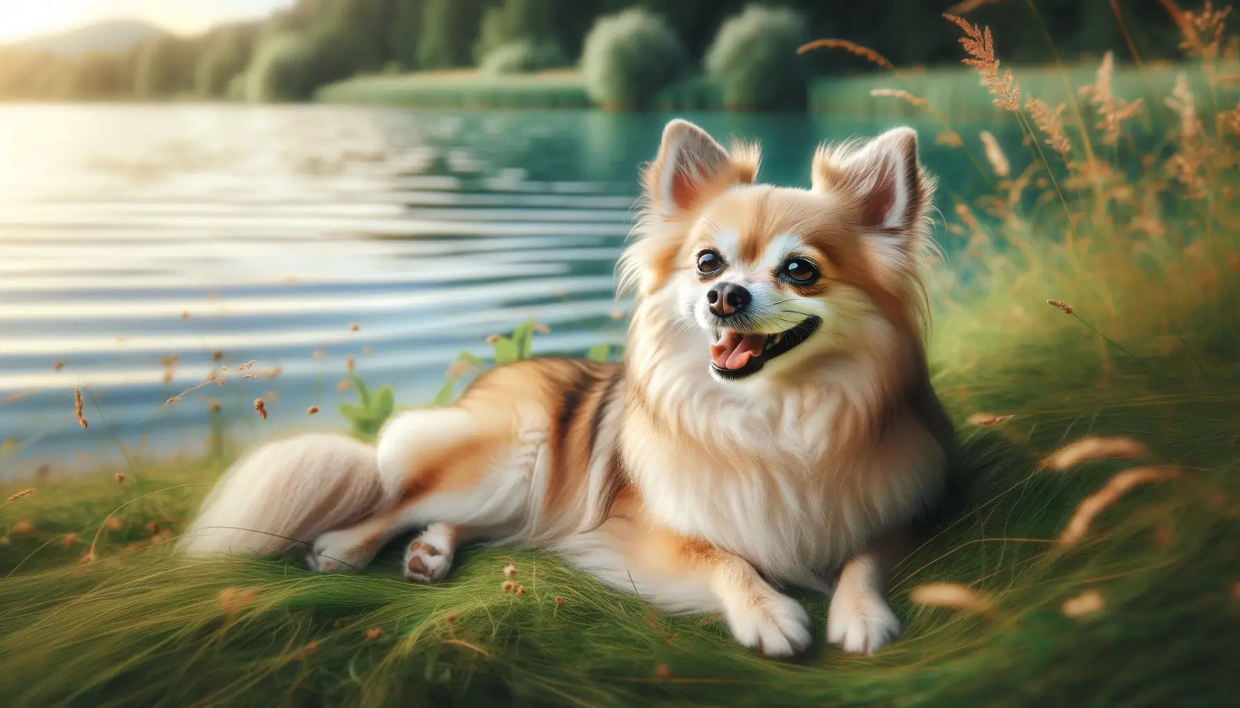 A Chihuahua Husky Mix lounging on the grass near water, embodying traits from both breeds with fluffy fur and a happy expression.