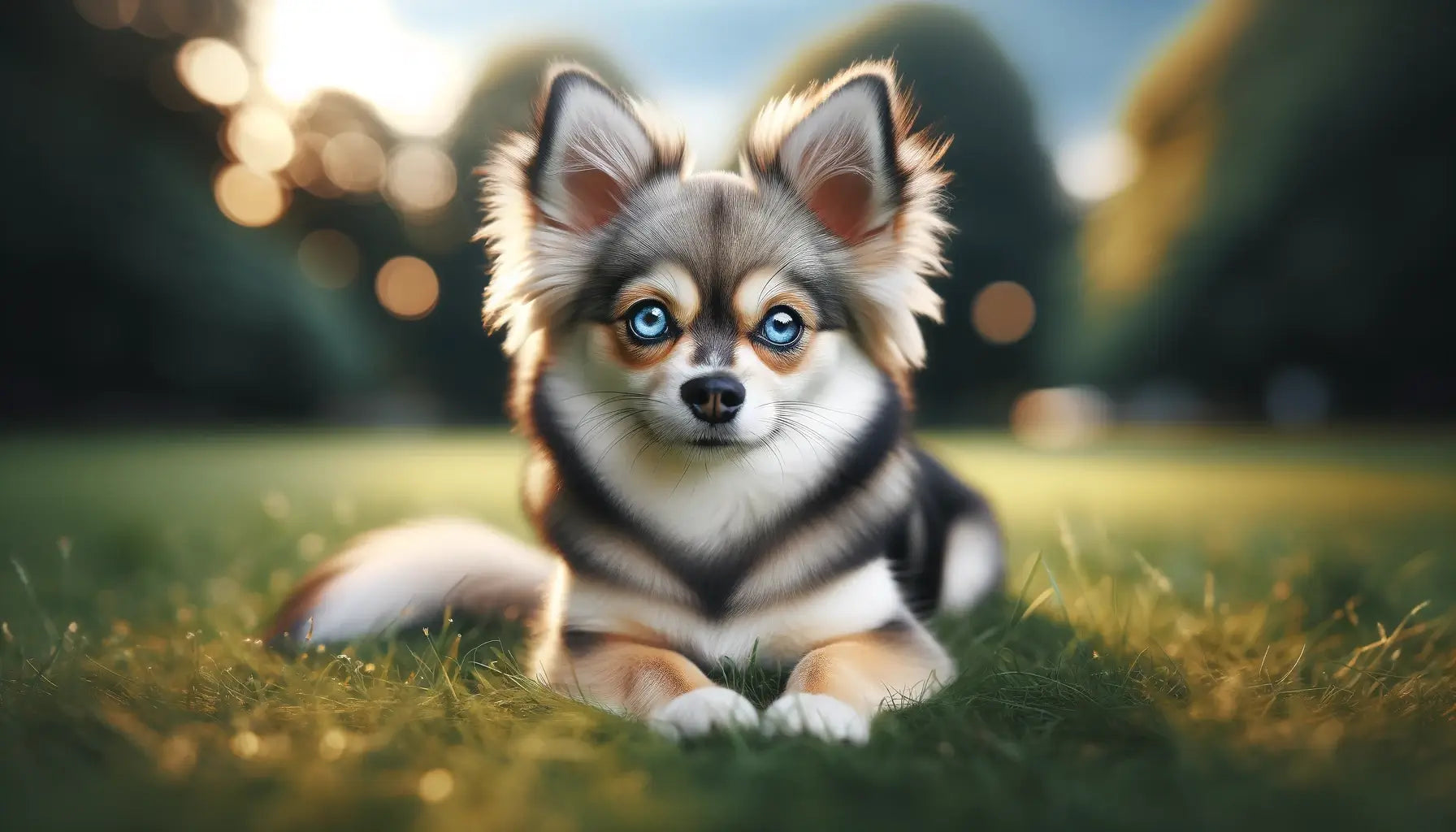 A Chihuahua Husky Mix lying on the grass, showcasing striking blue eyes and thick fur reminiscent of a Husky, combined with the petite frame and alertness of a Chihuahua.