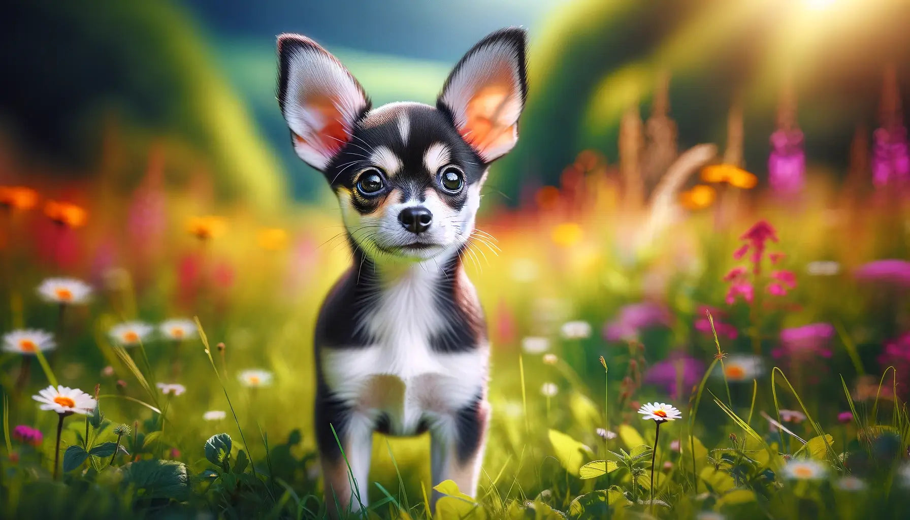 A Chihuahua Husky Mix puppy with large pointed ears standing alert in a grassy field. Its black and white markings and bright eyes capture attention.
