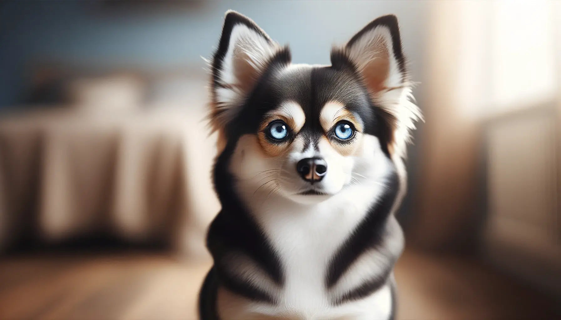 A Chihuahua Husky Mix sitting calmly, showcasing bright blue eyes and a sharp contrast in its fur color, embodying the mixed breed lineage.