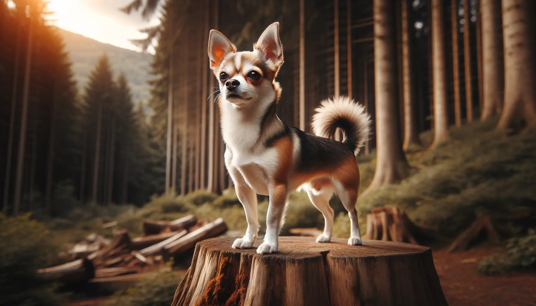 A Chihuahua Husky Mix standing confidently on a tree stump, embodying its compact size and erect ears indicative of its mixed heritage.