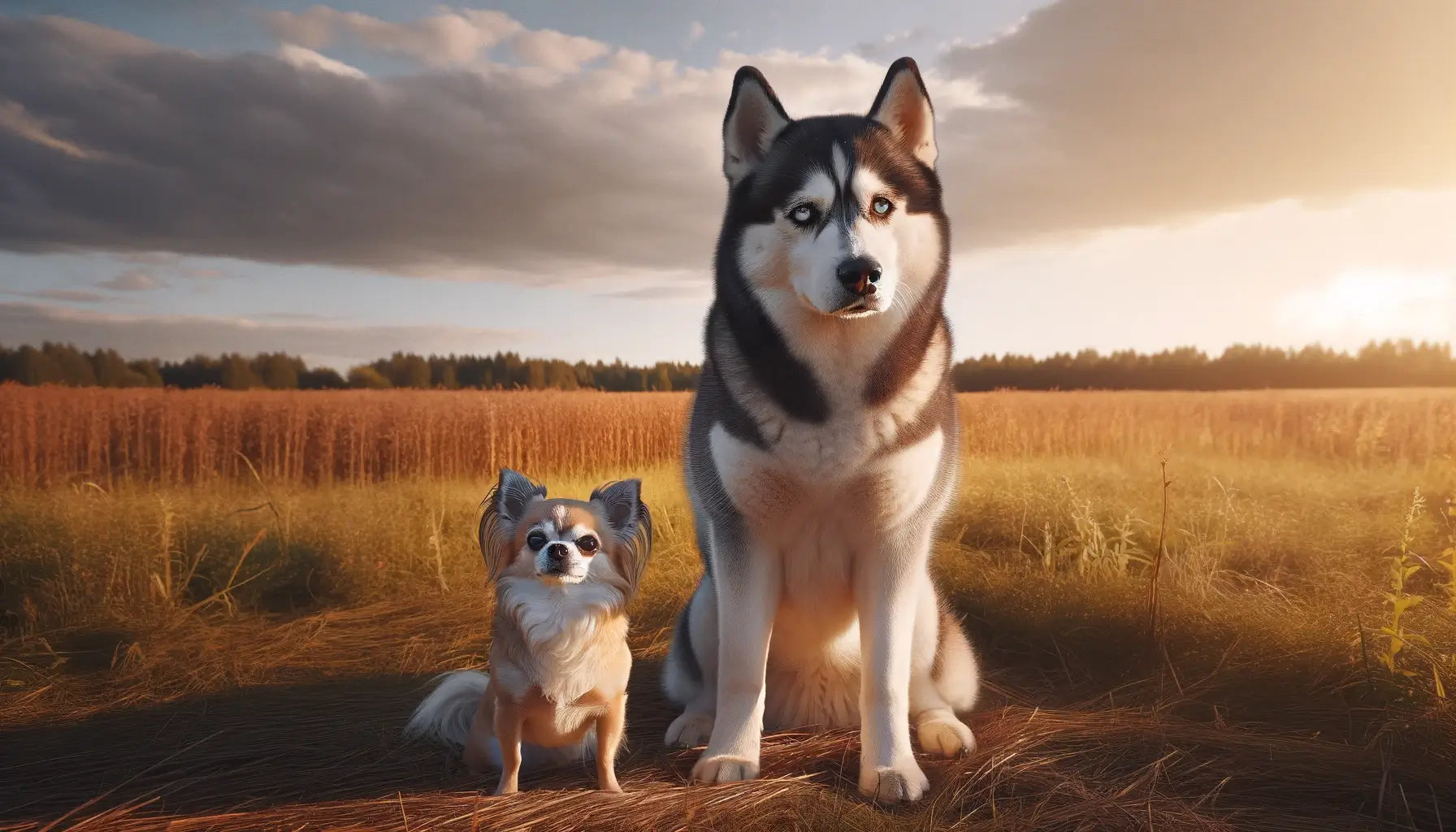 A Chihuahua Husky Mix standing next to a full-sized Husky in a field, offering a direct comparison between the large stature of the Siberian Husky and the mix.