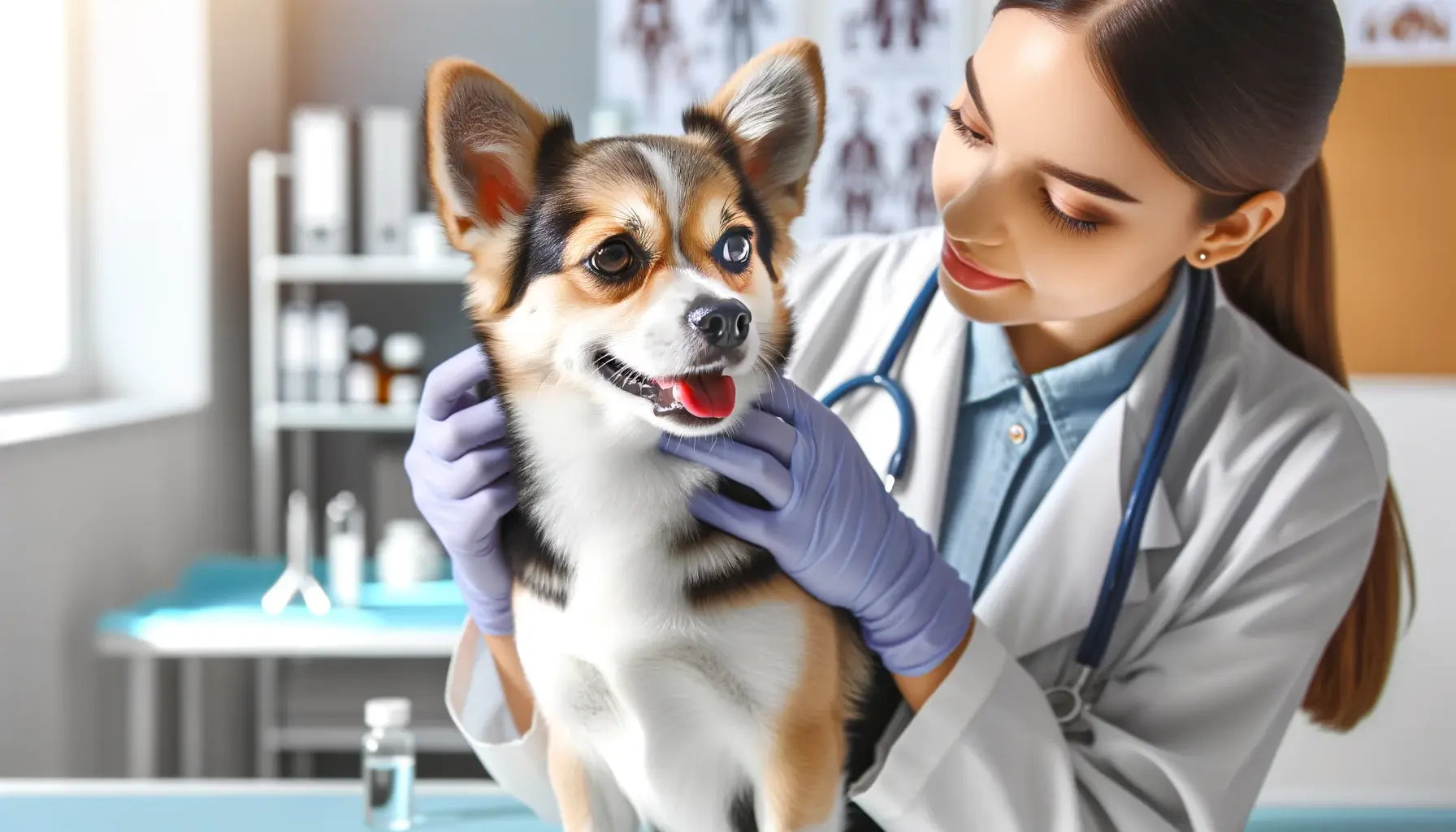 A Chihuahua Husky Mix undergoing a veterinary check-up in a clinic, focusing on its ears, eyes, and teeth.