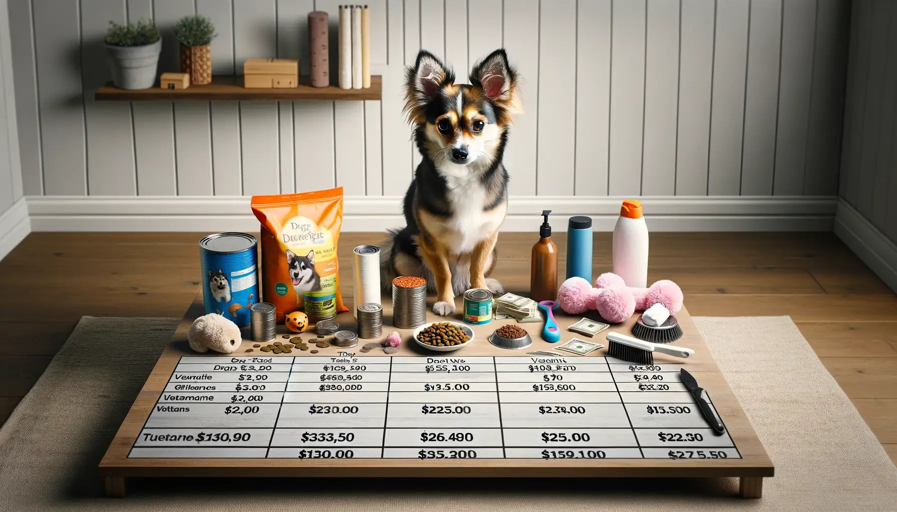 A Chihuahua Husky Mix with the dog sitting beside a table displaying various dog-related items and their costs.