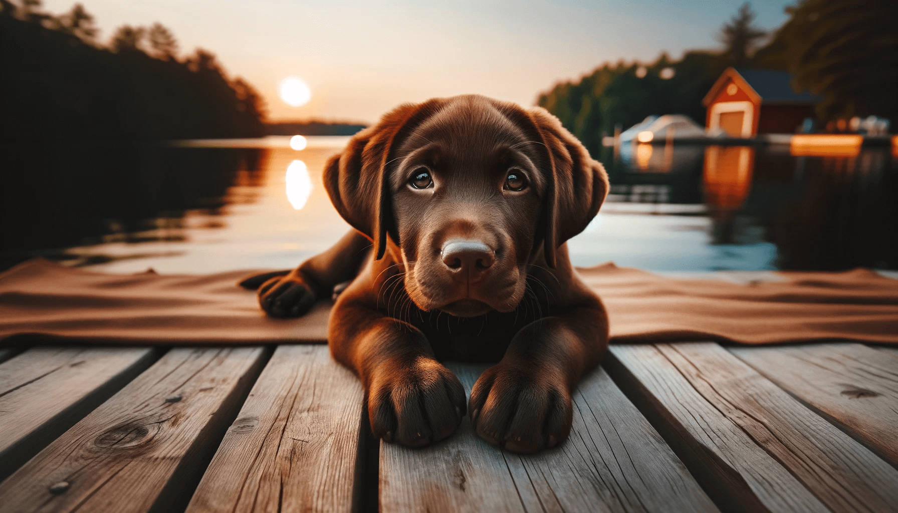 Chocolate Lab Puppy with Reflective Eyes by a Peaceful Lake at Sunset