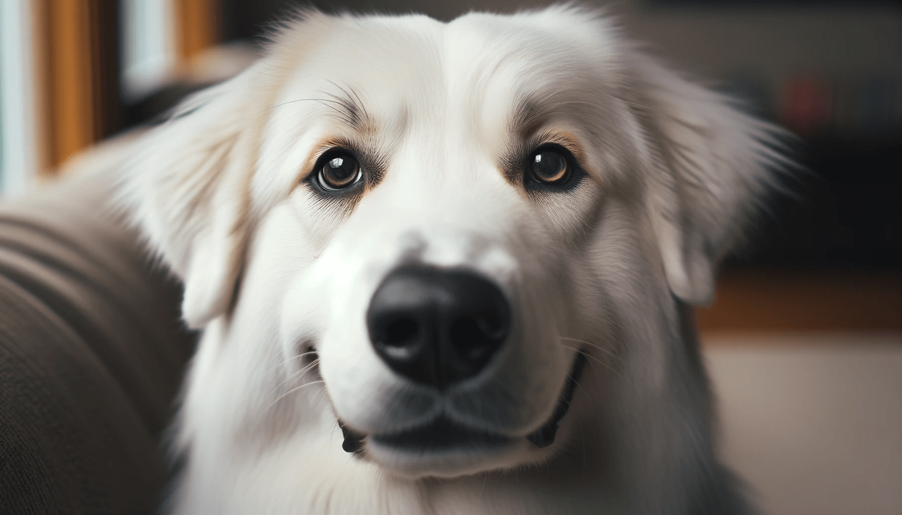 Close-up shot of a Great Pyrenees Lab Mix, eyes twinkling with mischief