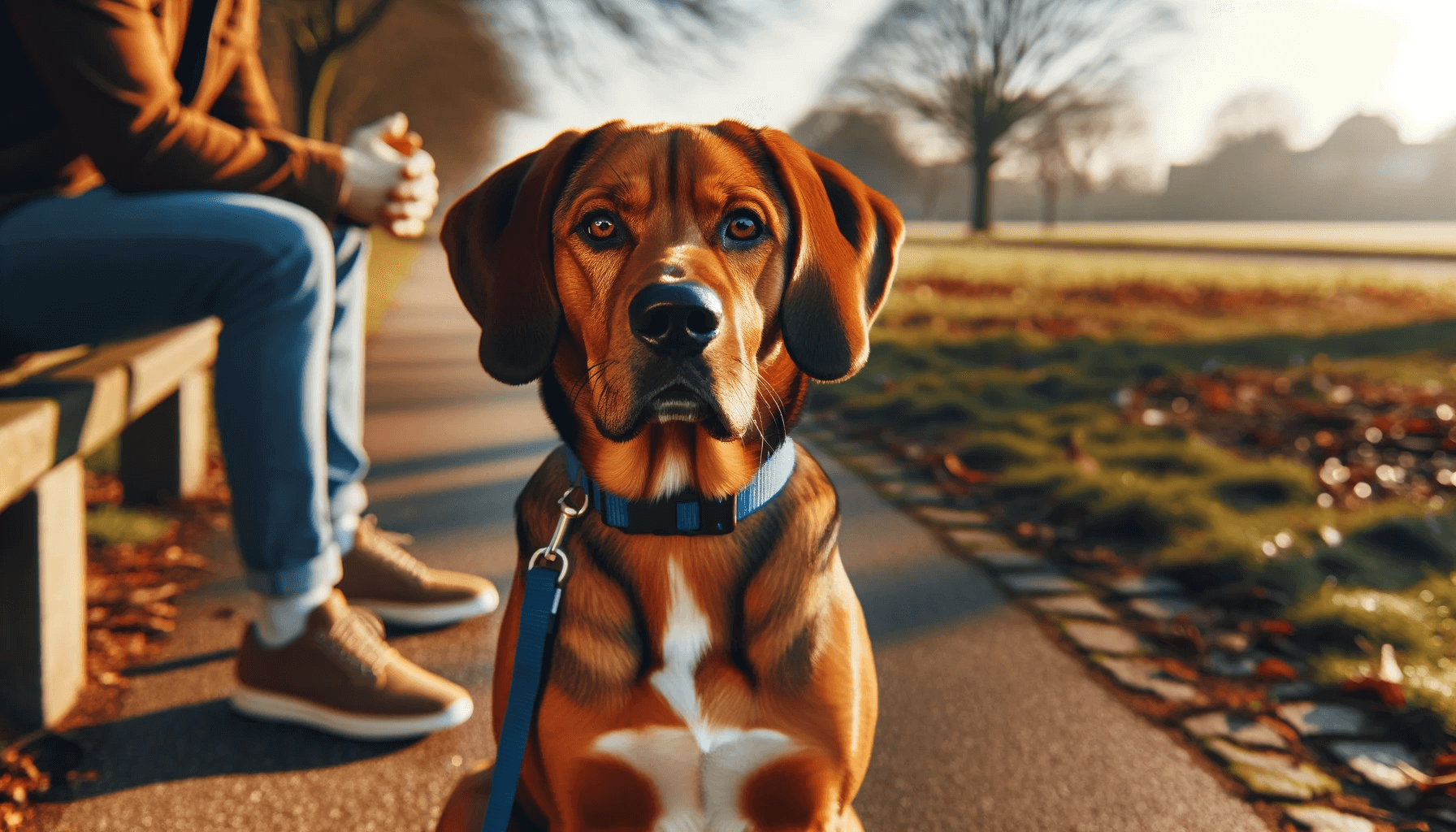 Coonhound Labrador Mix Dog Sitting on a Paved Path with a Person Partially Visible to the Left