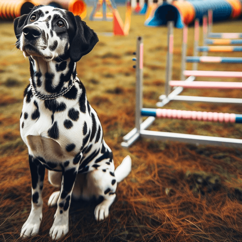 Dalmatian Lab mix in a training session