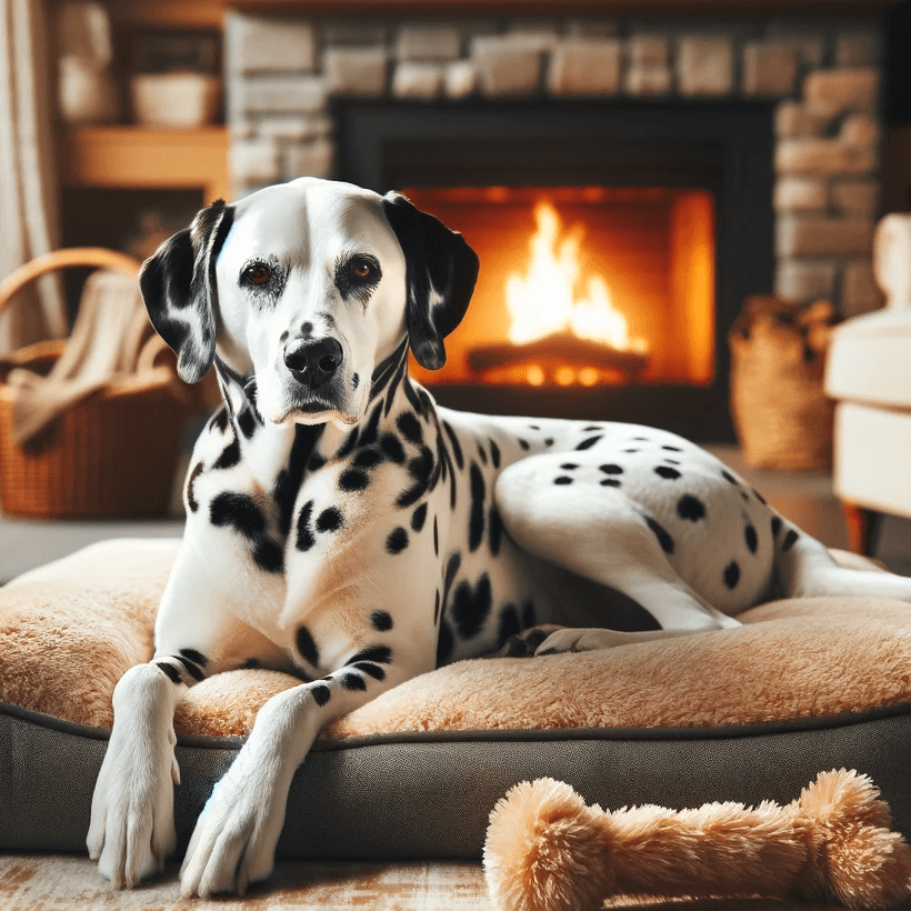 Dalmatian Lab mix lounging in a living room