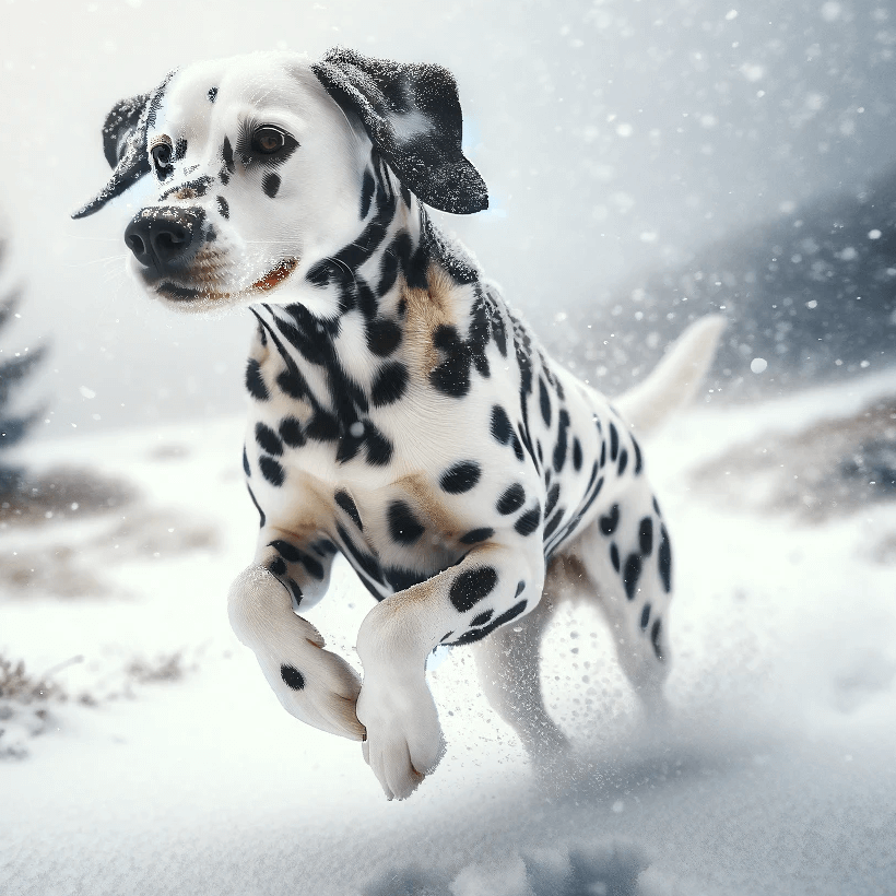 Dalmatian Lab mix frolicking in snow