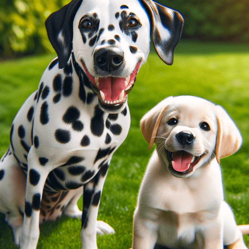 Dalmatian and Labrador puppy together on a lawn