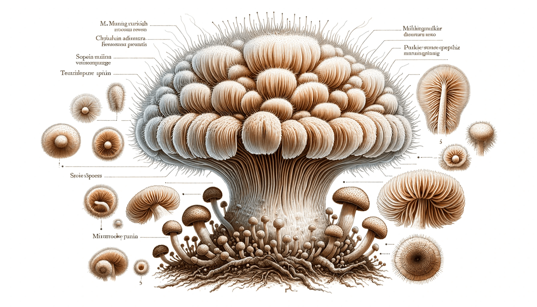 Detailed illustration of Lion's Mane mushroom anatomy, highlighting the distinctive teeth-like spines where spores are produced, perfect for educational insight on this unique fungus