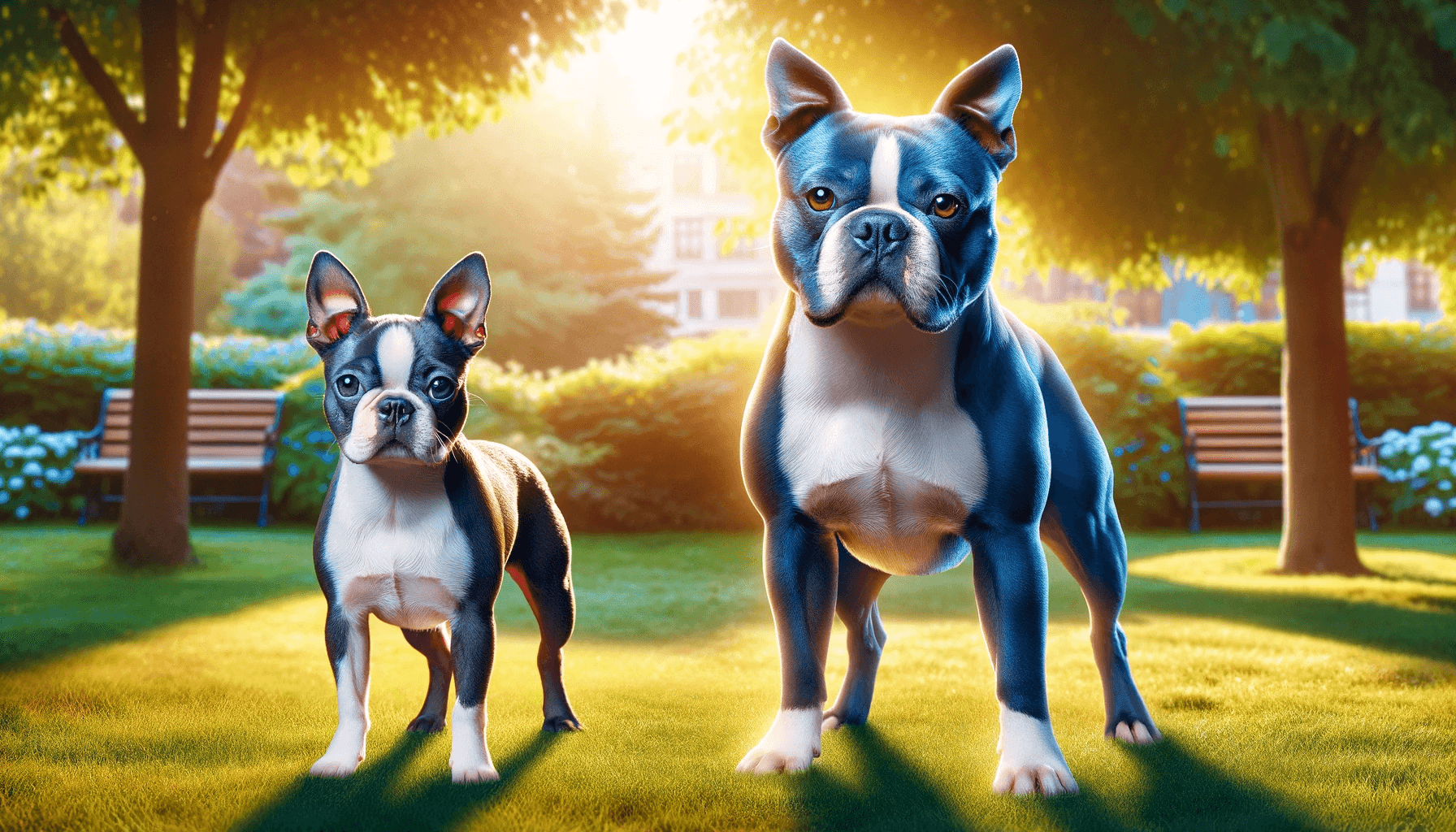 An illustration depicting the differences between male and female Blue Boston Terriers in a sunlit park.