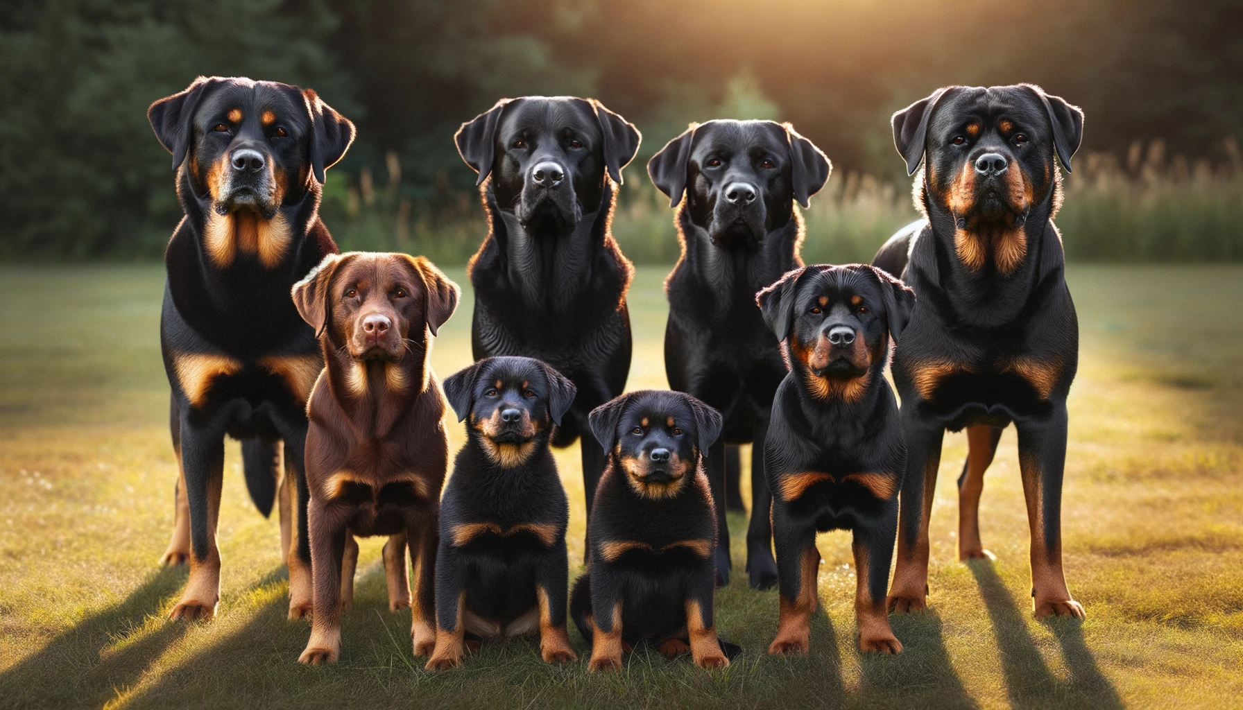 Different Labrador mixed with Rottweiler pooches showing off their diverse coat types, ranging from short to medium-length