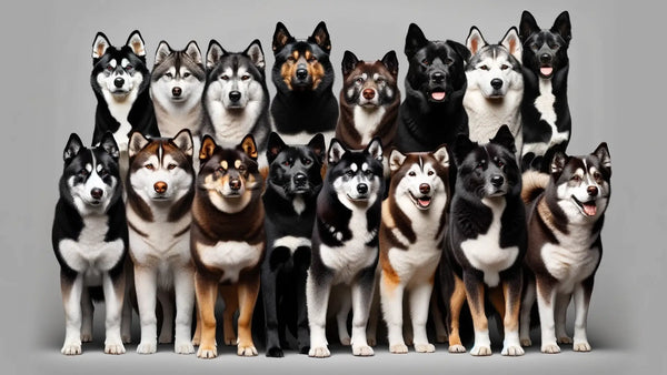 Diverse coat colors and patterns of Labsky dogs lined up for display